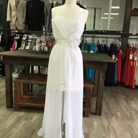 DAMAGED SAMPLE Sexy Lace Beachy BOHO  Wedding Dress Romantic, Hi Lo Lace Chiffon - Picture 4 of 13